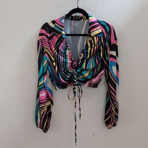 Multicolor Ruched Tie-Front Crop Top - Pink/Blue/Yellow